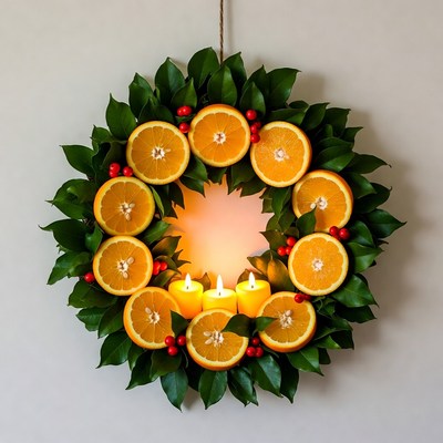 Orange and Holly Christmas Wreath with Candles