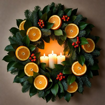 Christmas wreath with oranges and candles