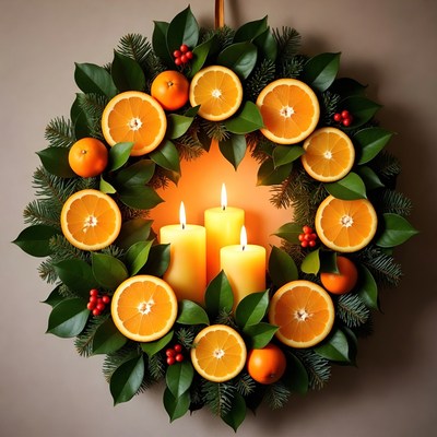 Christmas wreath with oranges and candles