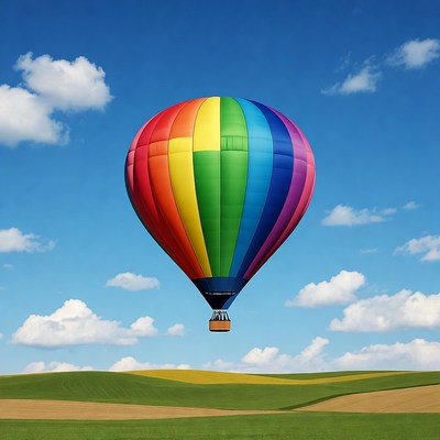 Rainbow Hot Air Balloon Over Fields