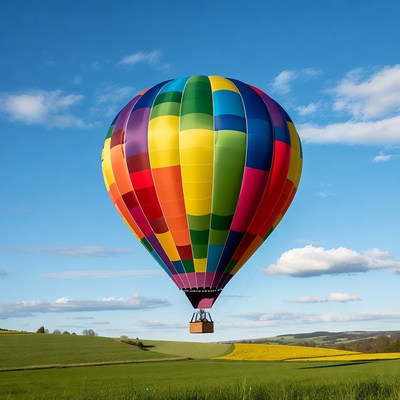 Colorful hot air balloon over green fields