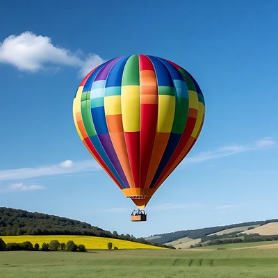 Colorful hot air balloon over fields