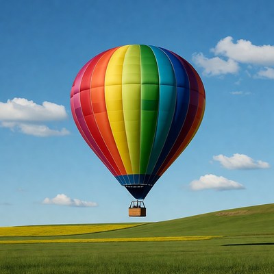 Rainbow Hot Air Balloon Over Fields