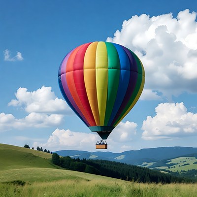 Rainbow hot air balloon over mountains