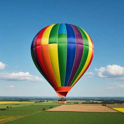 Rainbow Hot Air Balloon Over Fields