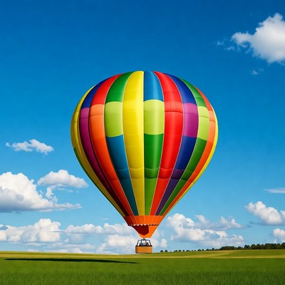 Colorful hot air balloon over green field