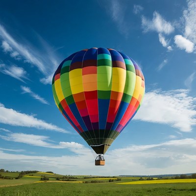 Colorful hot air balloon over fields