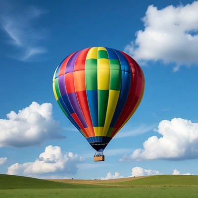 Colorful hot air balloon over green fields