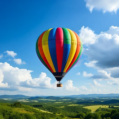 Colorful hot air balloon over green valley