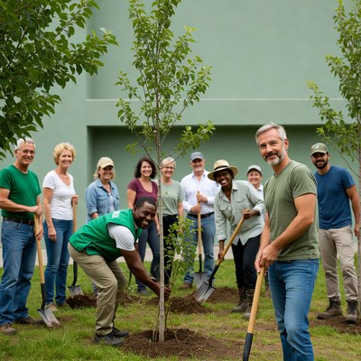 Diverse group planting tree outdoors