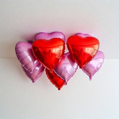 Cluster of red and pink heart balloons