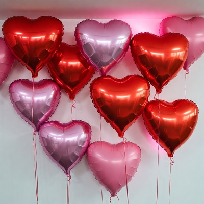 Cluster of red and pink heart balloons