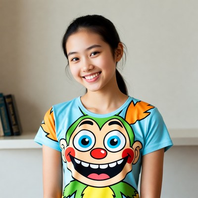 Asian girl wearing green monster t-shirt