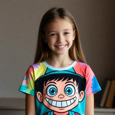 Girl smiling in cartoon boy t-shirt
