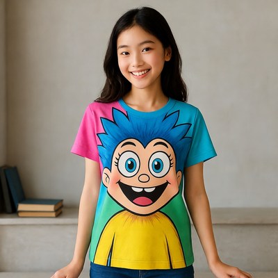 Asian girl wearing cartoon character t-shirt