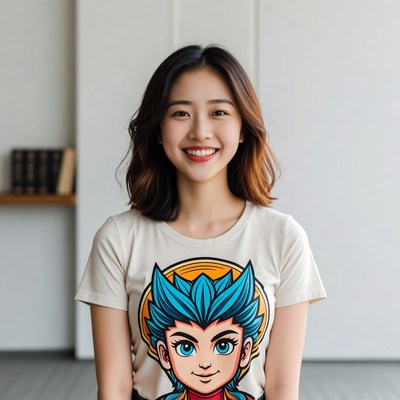 Asian woman wearing cartoon character t-shirt