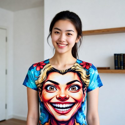 Asian woman in colorful cartoon face t-shirt