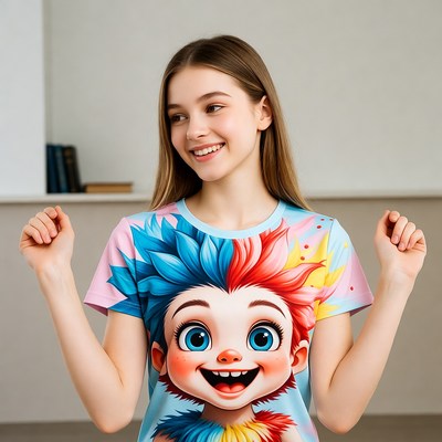 Girl wearing colorful cartoon character t-shirt