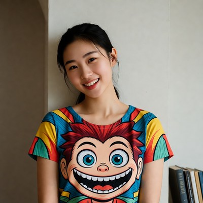 Asian woman smiling in colorful cartoon t-shirt