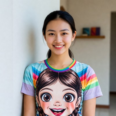 Asian girl in colorful cartoon t-shirt