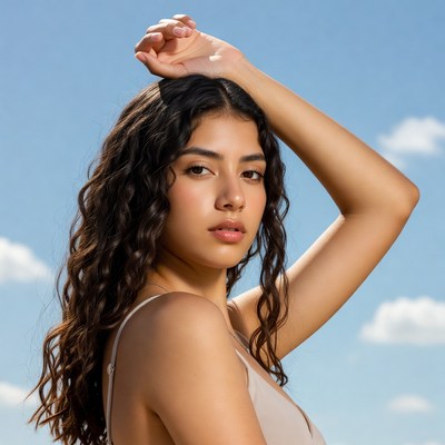 Young woman hand on head blue sky