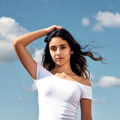 Young woman hand on head blue sky