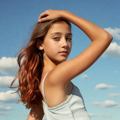 Girl with hand on head against blue sky