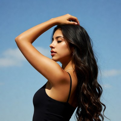 Latina woman posing with hand on head