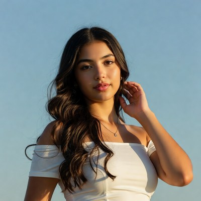 Young Latina woman with long wavy hair