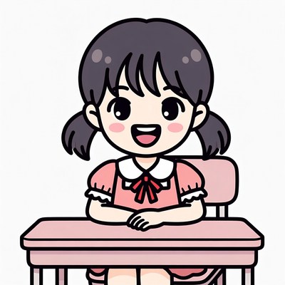 Happy Asian girl at school desk