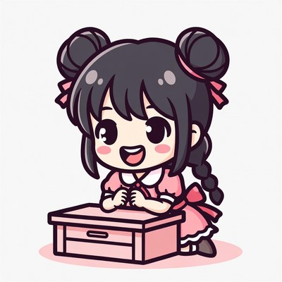 Cute Asian girl at pink desk