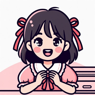 Anime girl smiling with red hair bows