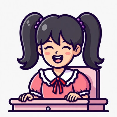 Happy Asian girl at pink desk