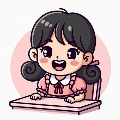 Happy Asian girl at school desk