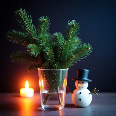Christmas Sprig in Glass with Snowman