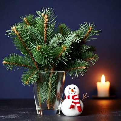 Snowman with Christmas Tree and Candle