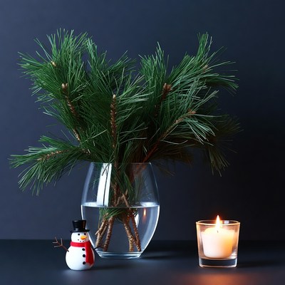 Christmas Pine Branches in Vase with Snowman Candle