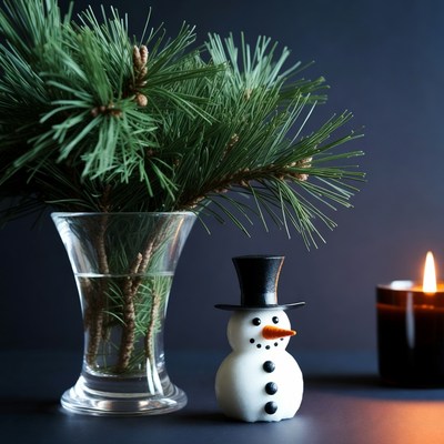 Snowman with Pine Branches and Candle