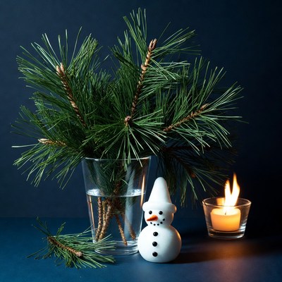 Snowman with Pine Branches and Candle