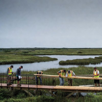 Construction workers building boardwalk over marsh