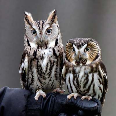 Two Owls Perched on Gloved Hand