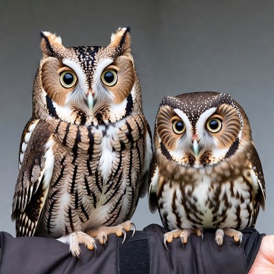Two Owls Perched on Hand