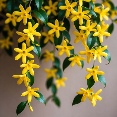 Hanging yellow flowers with green leaves