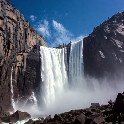 Yosemite Waterfall Cascading Between Granite Cliffs
