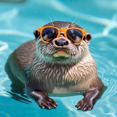 Otter wearing orange sunglasses in pool