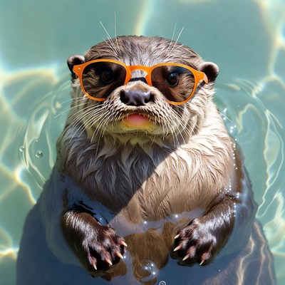 Otter wearing orange sunglasses in water