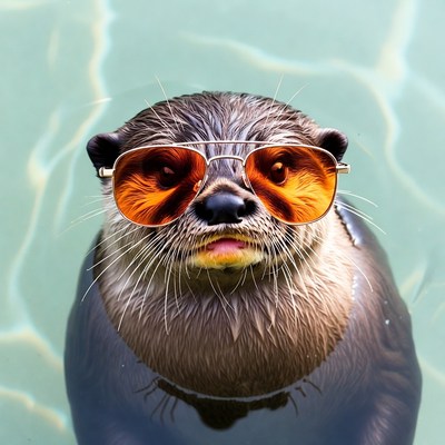 Otter wearing orange sunglasses in water