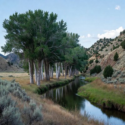 Cottonwood Trees Along Winding River