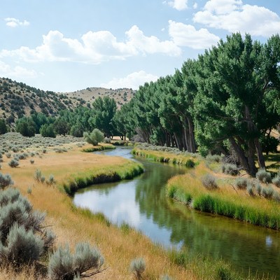 Winding river through green trees and hills