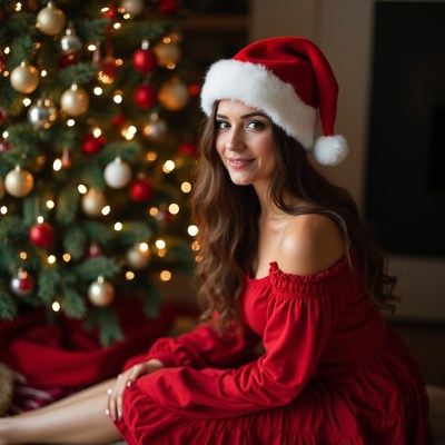 Woman in red dress with Santa hat by Christmas tree